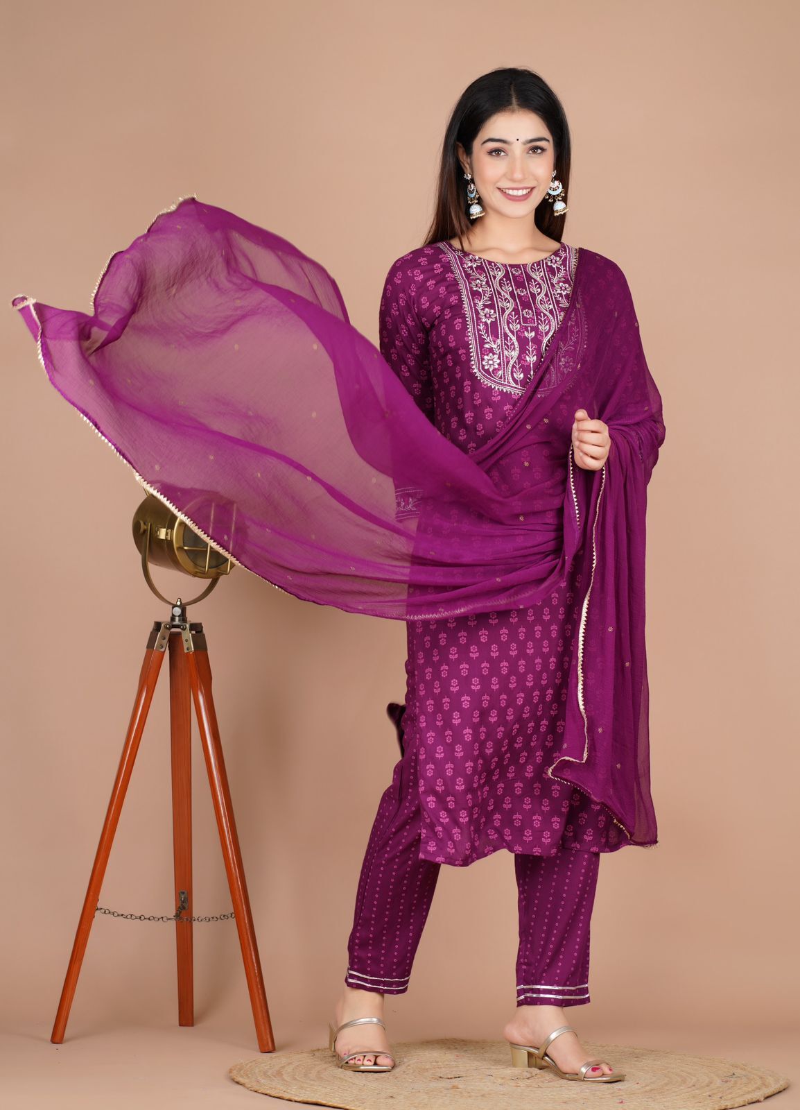 Burgundy Wine Pure Cotton Zari Embroidery Kurta Set With Dupatta