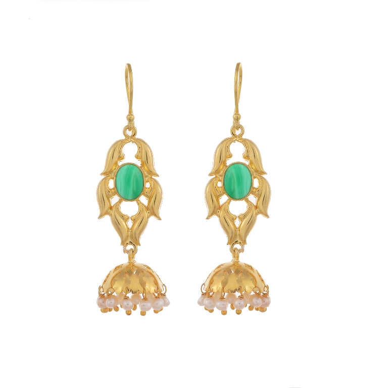 Sterling Silver Gold Plated Ethnic Green Onyx Earrings For Women And Girls
