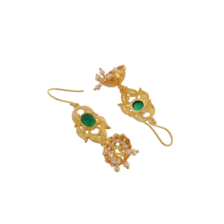 Sterling Silver Gold Plated Ethnic Green Onyx Earrings For Women And Girls