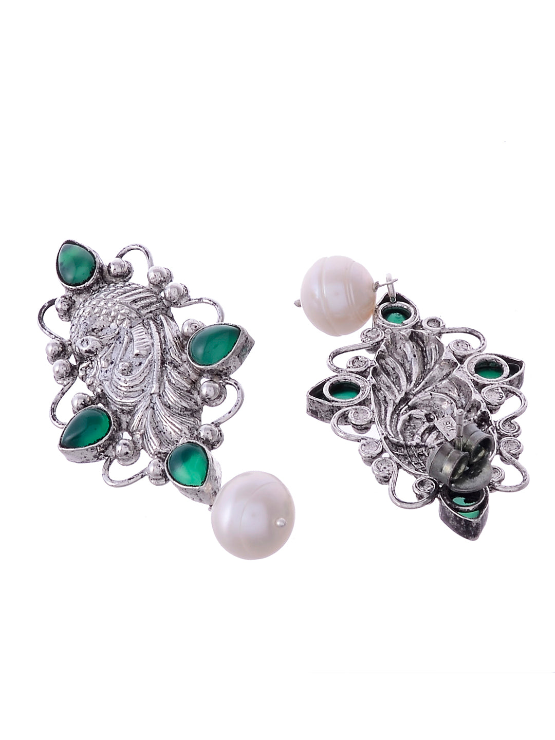 Sterling Silver Green Stone Pearl Drop Earrings For Women