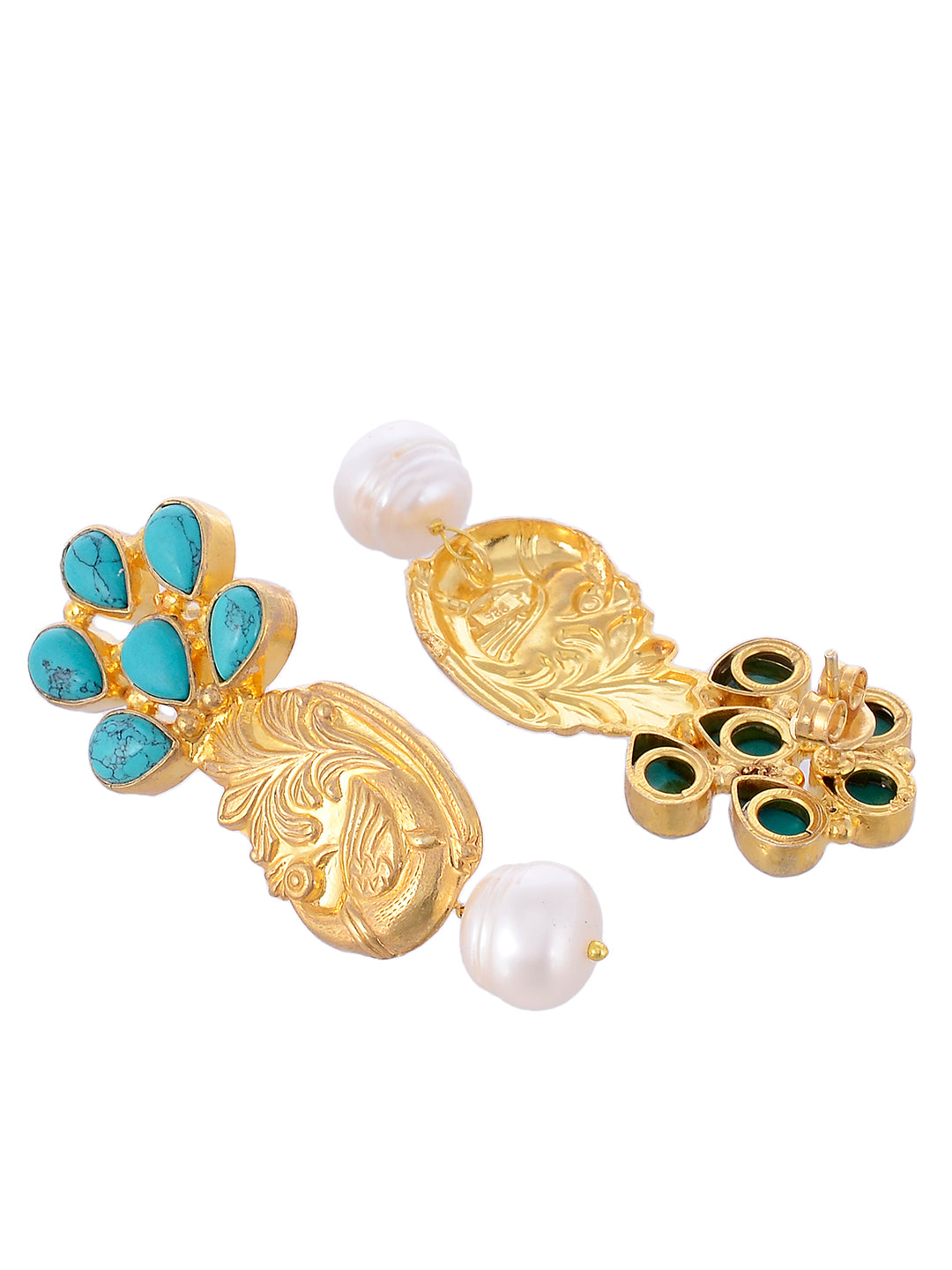 Gold Plated Turquoise Blue Peacock Shaped Handcrafted Drop Earrings