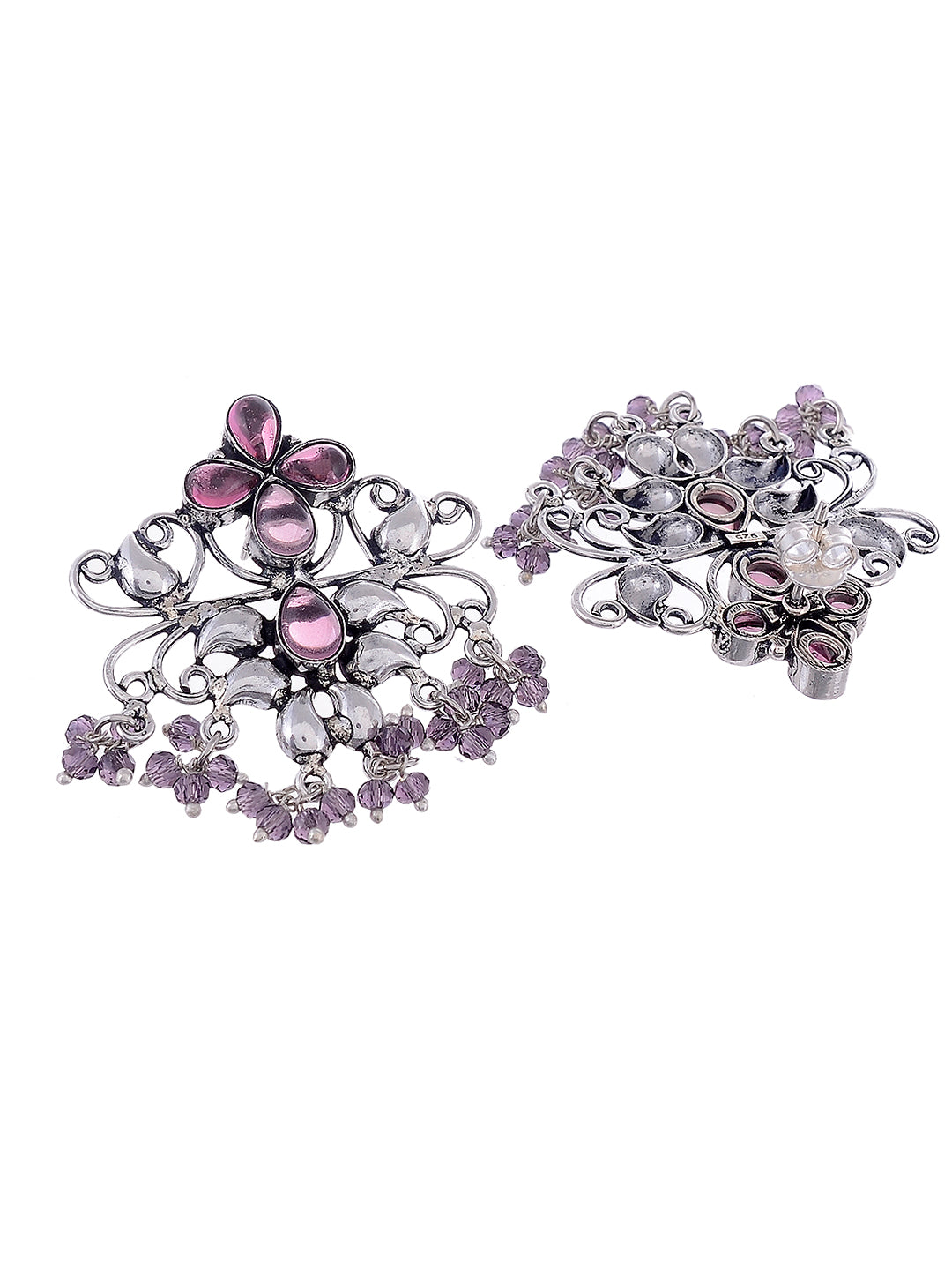 Silver Plated Purple Circular Oxidised Drop Earrings