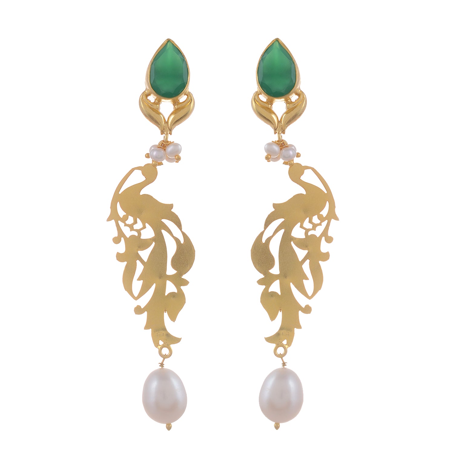 Green Onyx Sterling Silver 18K Gold Plated Pearl Drop Earrings