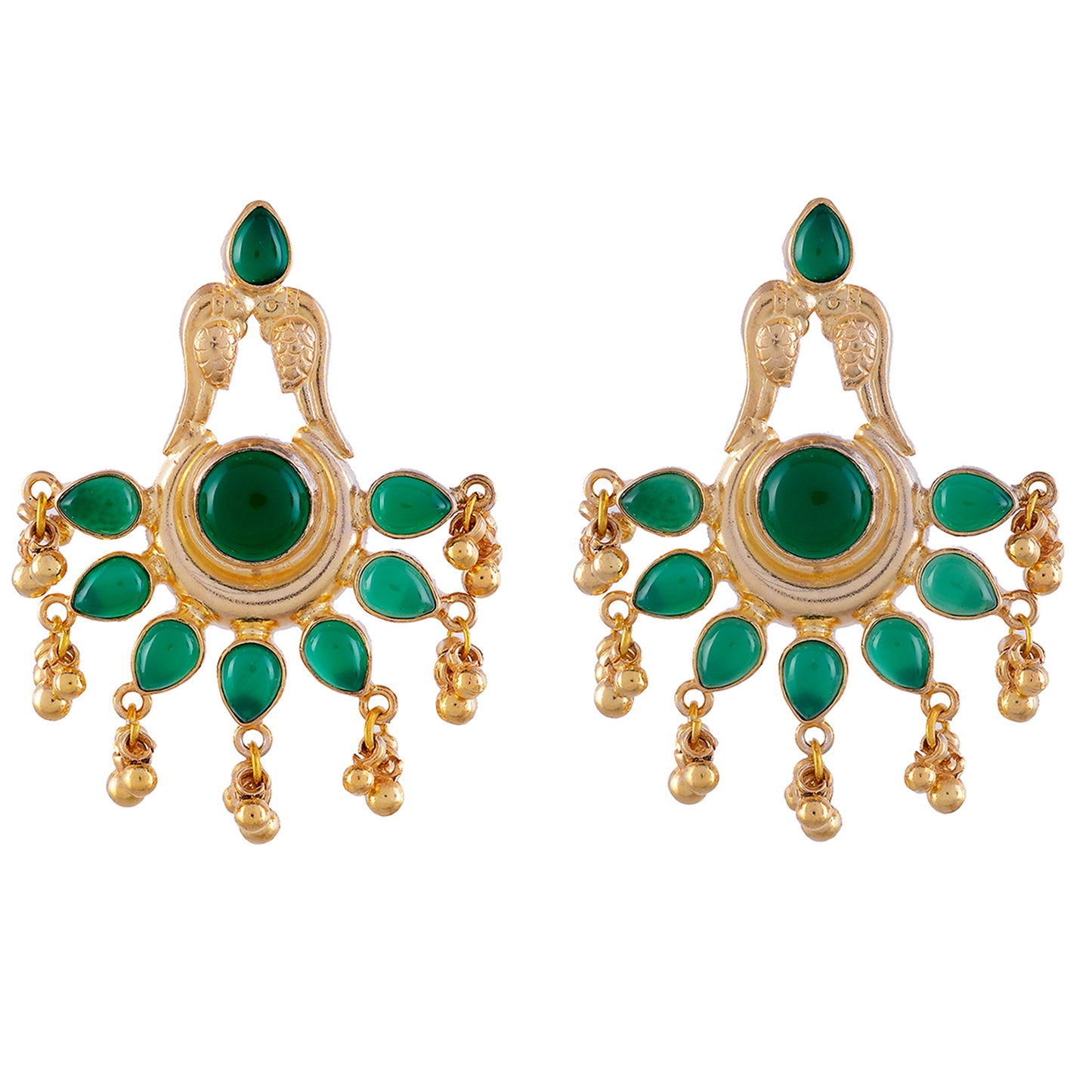 Green Onyx Gold Plated 925 Silver Chidiya Chandbali Earrings