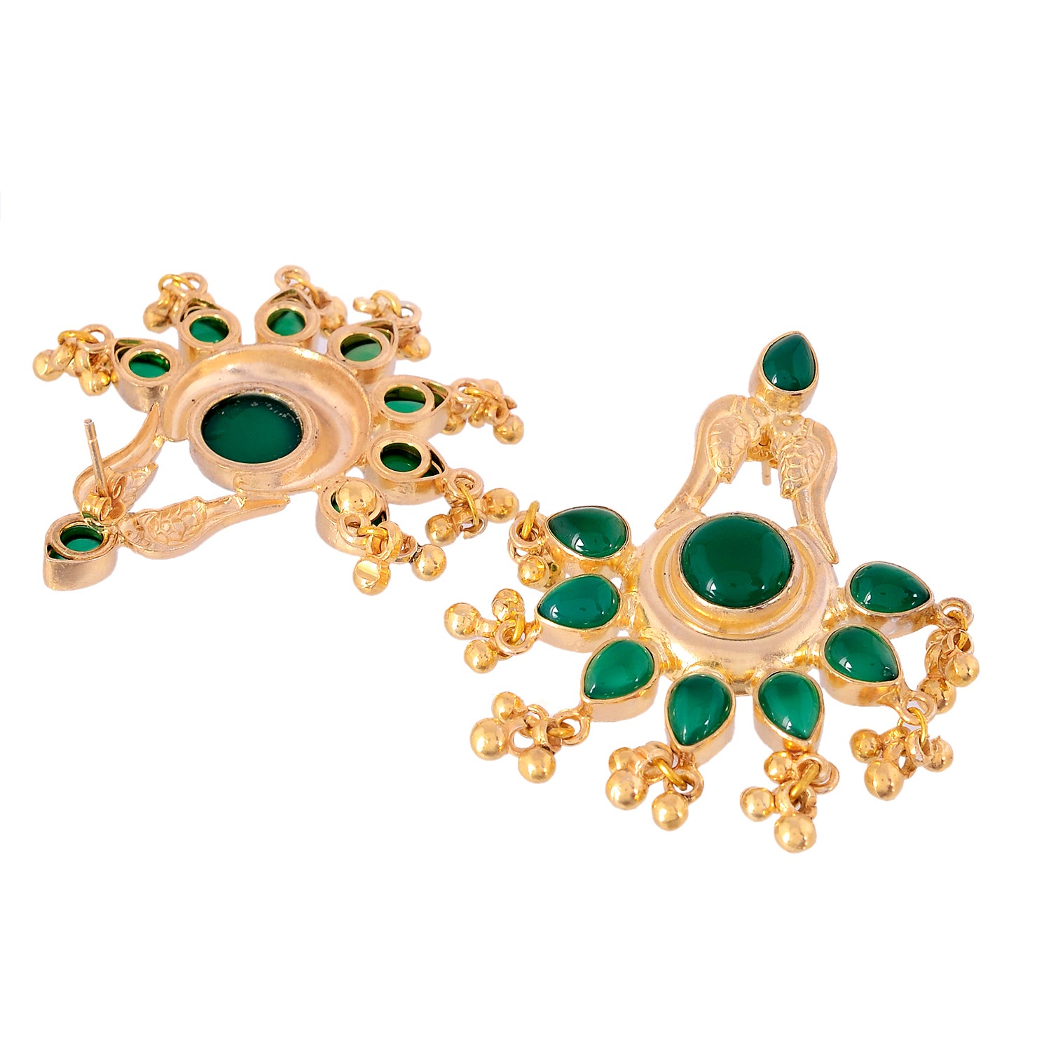 Green Onyx Gold Plated 925 Silver Chidiya Chandbali Earrings