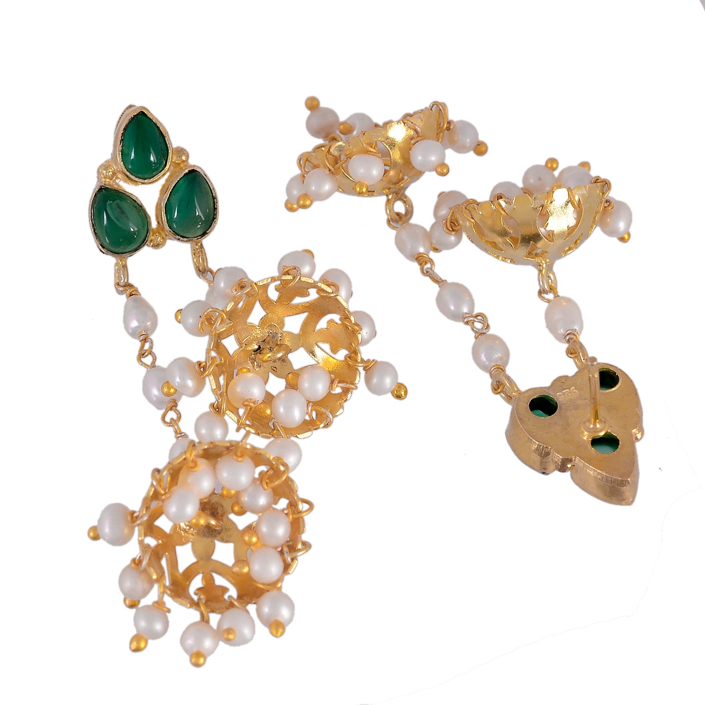 Green Onyx Gold Plated Sterling Silver Double Jhumki Earring