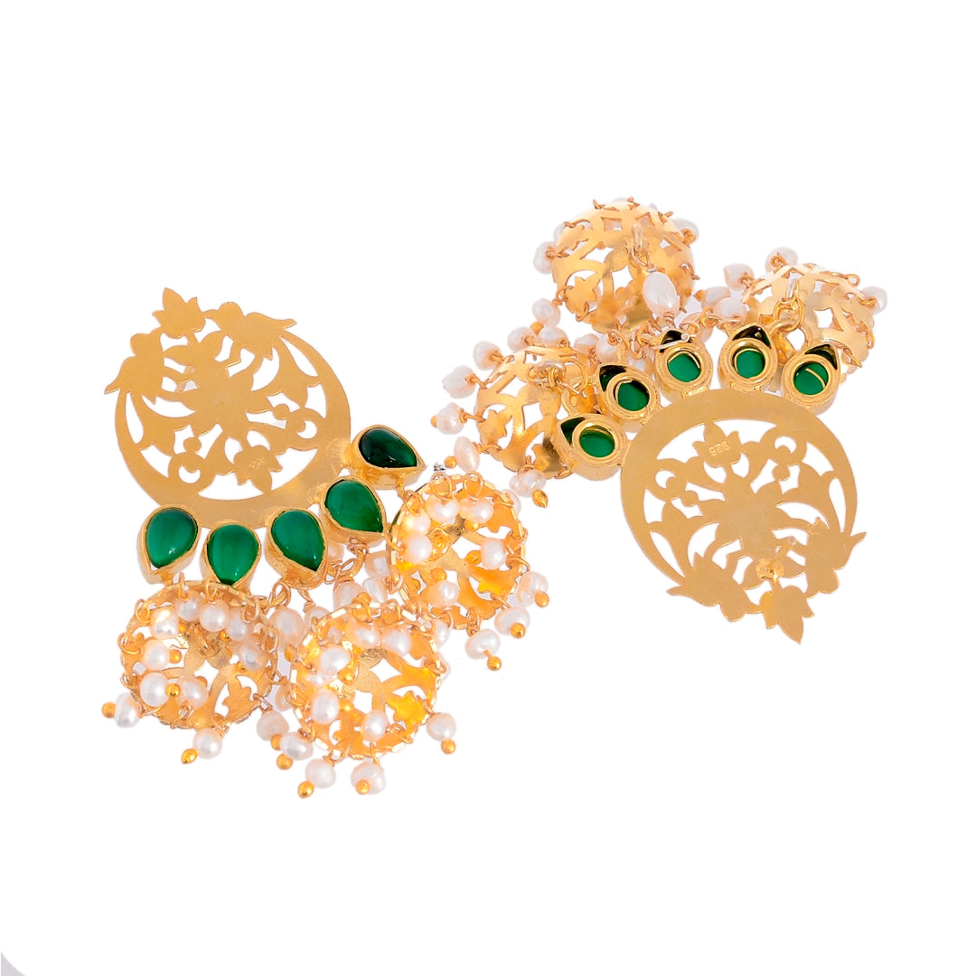 Classic Ethnic Gold Plated Green Pearl Sterling Silver Drop Earrings