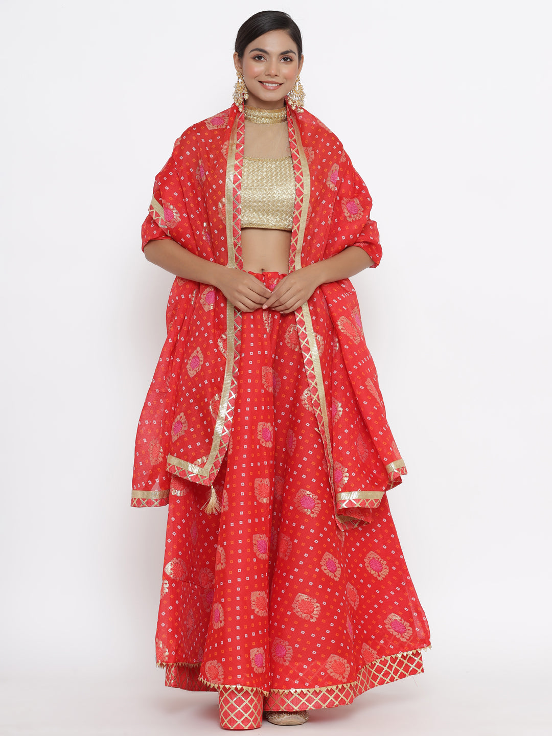 Kalyani Kota Red Doriya Lehanga with Dupatta and Golden unstitched Blouse