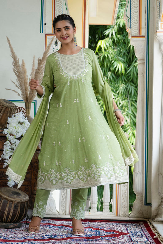 Mulmul Cotton Zari Embroidery Sequinced Kurta Trouser With Dupatta Kurta Set for Women Online